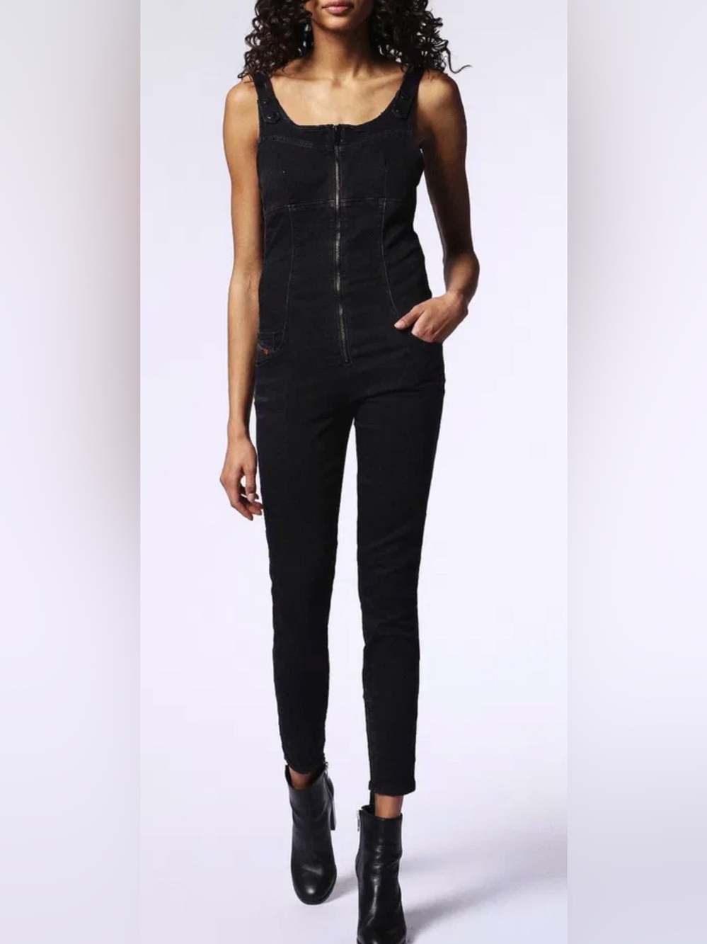 Diesel Zeppel Jogg Jeans Black Denim Front Zip  Jumpsuit Sleeveless V-Back M